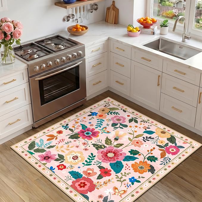 RELEANY Floral Square 5ft Area Rugs Washable Print Boho Cute Carpet Non Slip - Image 2
