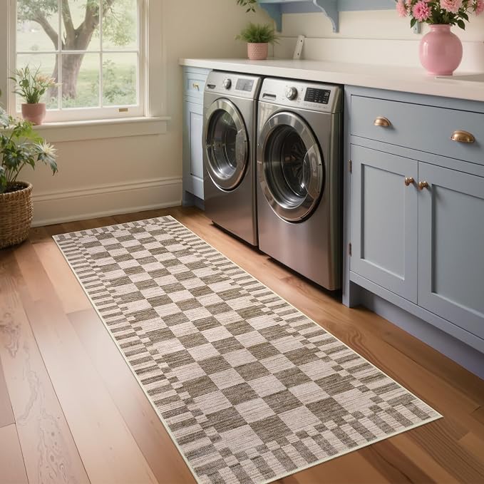 GarveeHome 2.5×8 Kitchen Runner Rug Non Slip Brown Checkered Rug, Washable - Image 2