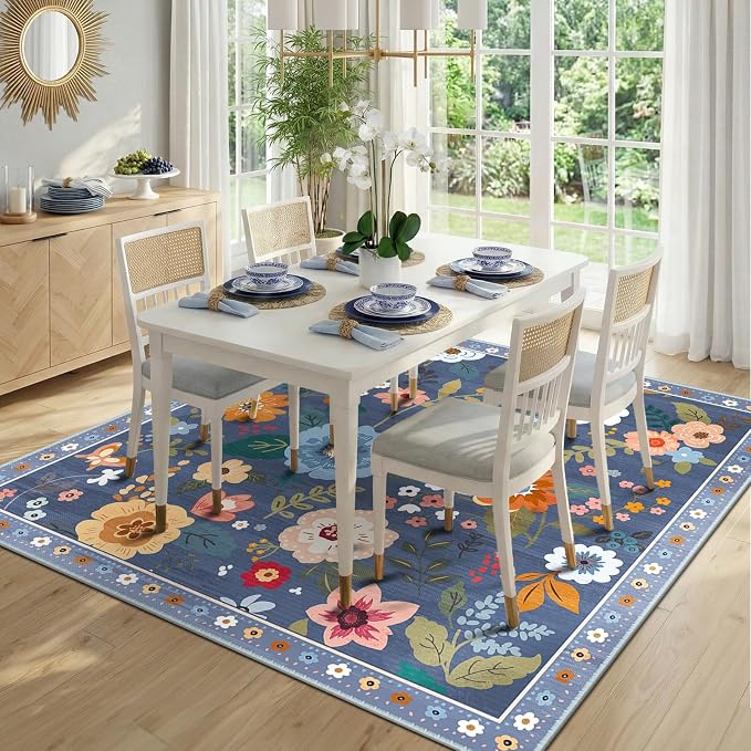 RELEANY Floral Square 5ft Area Rugs Washable Print Boho Cute Carpet Non Slip - Image 2