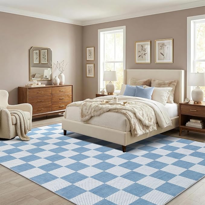 GarveeHome Checkered Light Blue and White 4x6 Washable Rug Geometric Diamond - Image 3