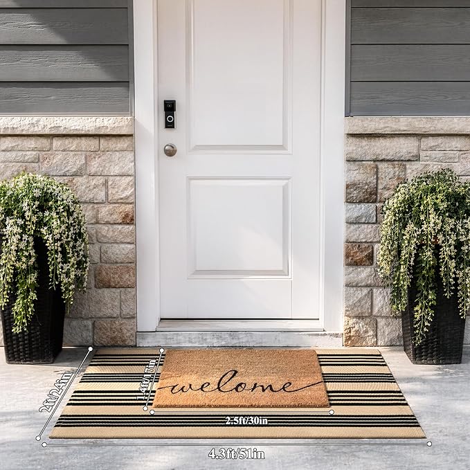 Striped Outdoor Front Door Mat 24"x51", Cotton Hand Woven Washable Black and - Image 2