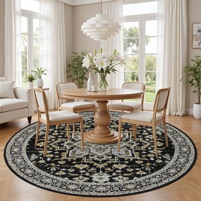 Round Area Rug for Living Room: 4 ft Washable Vintage Boho Soft Thin Circle Rug - Image 3