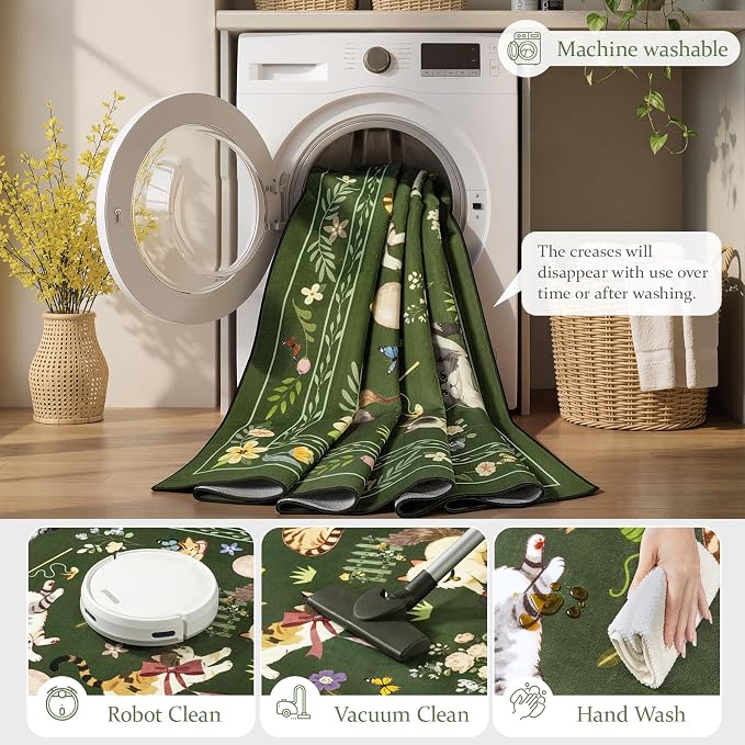 Unirea 4x4 Dark Green Cat Round Area Rugs, Washable Soft Non Slip Circle Rug - Image 5