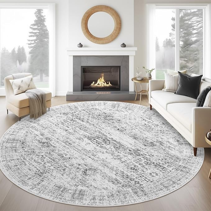 Soalmost 6x6 Grey Round Rug 6ft Living Room Circle Rug Gray Vintage Round Area by Soalmost