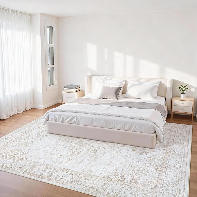 5x7 Area Rugs for Bedroom:Beige Washable Vintage Medallion Rug Non-Slip Soft - Image 2
