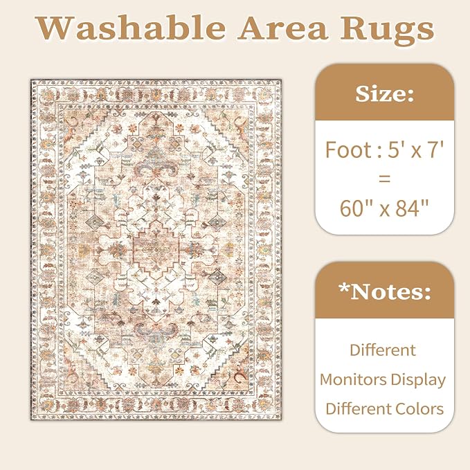 SERISSA Boho Area Rug 5x7 Peach Cream, Washable Large Rugs - Image 6