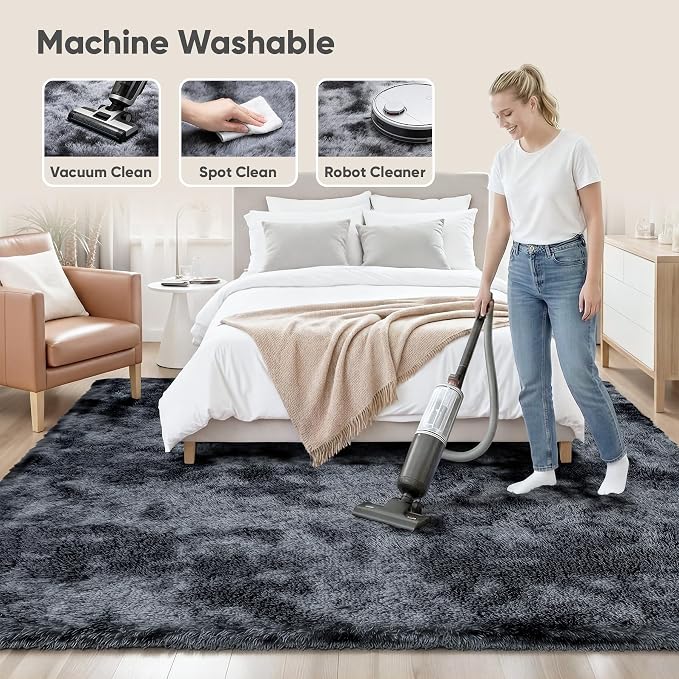 8x10 Area Rugs for Living Room Bedroom: Black Grey Soft Fluffy Shag Upgrade - Image 7