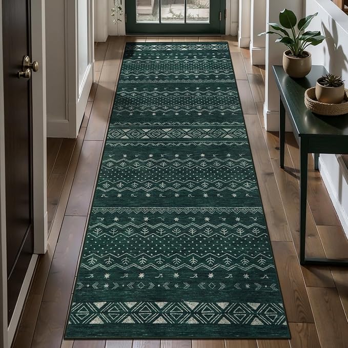SERISSA 2x5 Kitchen Runner Rug, Washable Non-Slip Dark Green Boho Rug, Soft - Image 2
