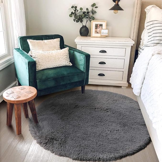 Grey Round Rugs 4Ft for Living Room Bedroom, Fluffy Fuzzy Shag Shaggy Circle - Image 3