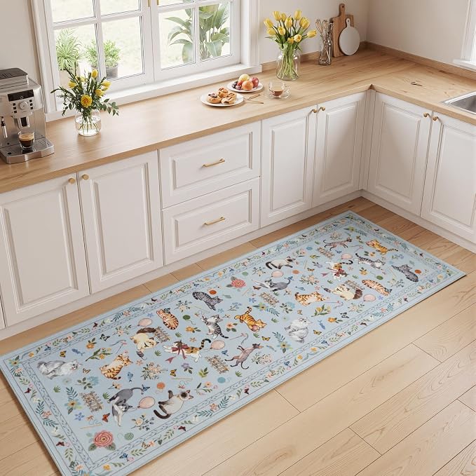 Unirea 2.6x8 Blue Grey Cat Runner Rug, Washable Non Slip Botanical Rug - Image 6