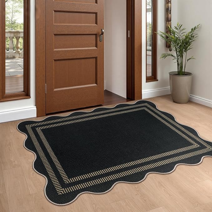 Scalloped Easy Jute Black Rug, 2.6x4 Front Door Washable Door Mat Non Slip - Image 3