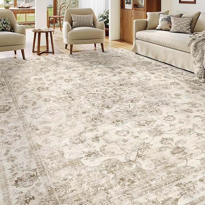 10x12 Neutral Area Rug Beige Vintage Living Room Bedroom Washable Carpet - Image 3