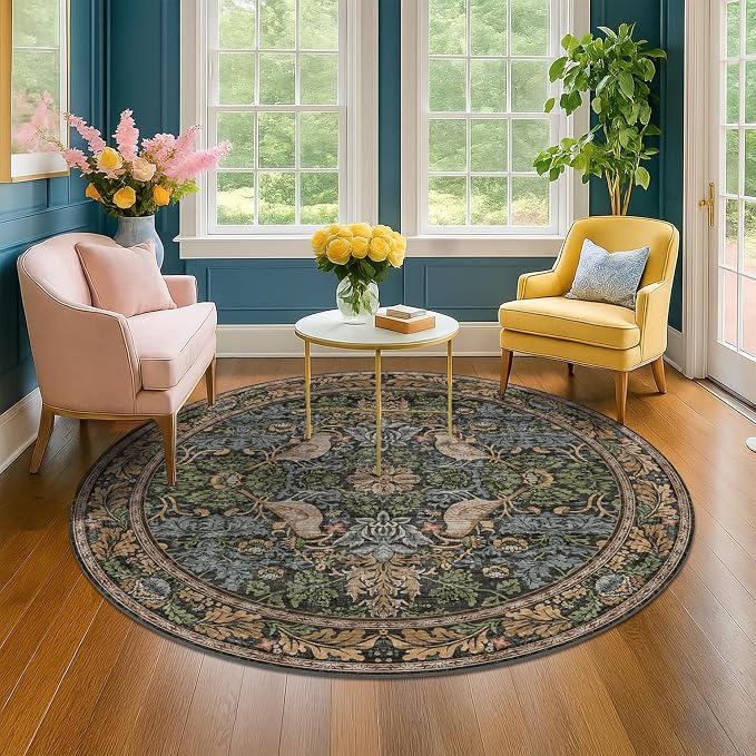 Washable Round Area Rugs 6ft for Living Room, Vintage Large Boho Floral Bird - Image 6