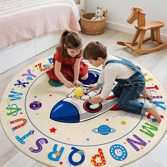 Washable Alphabet ABC Round Rug 3.4ft, Kids Astronaut Space Circle Carpet - Image 3