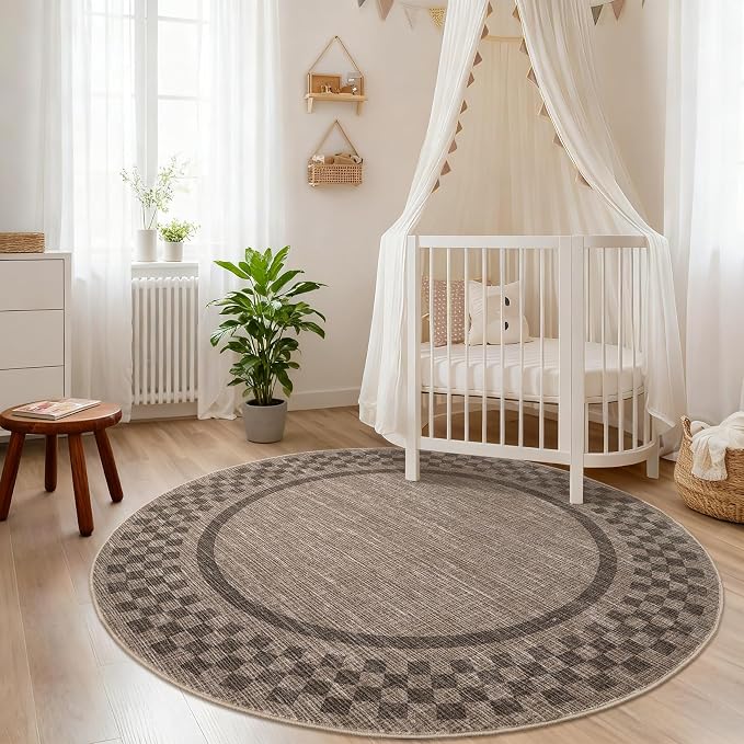 4ft Washable Round Rug for Entryway Modern Checkered Bedroom Circle Rug Non - Image 8