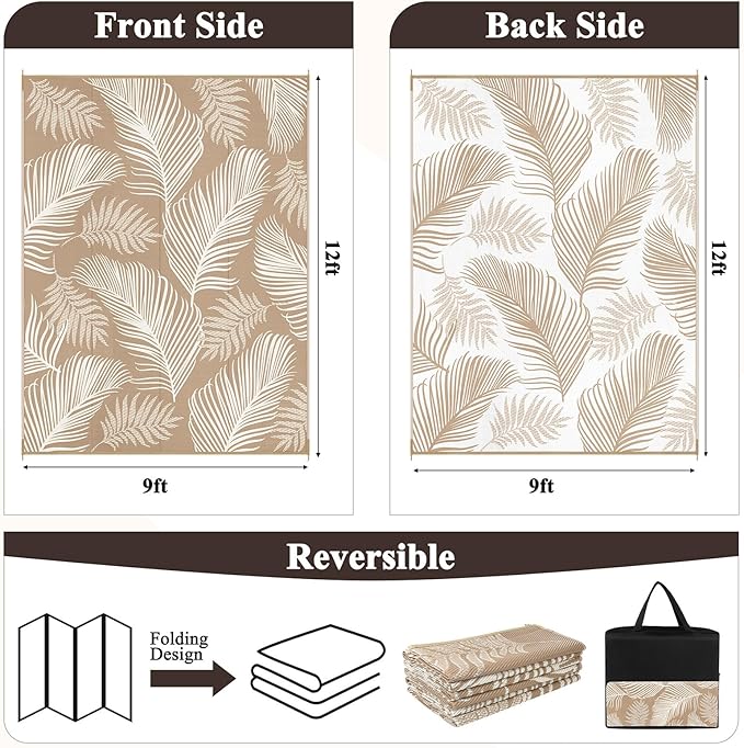 Pauwer Waterproof Outdoor Rug 9x12, Reversible Plastic Straw Patio Camping Rug - Image 3