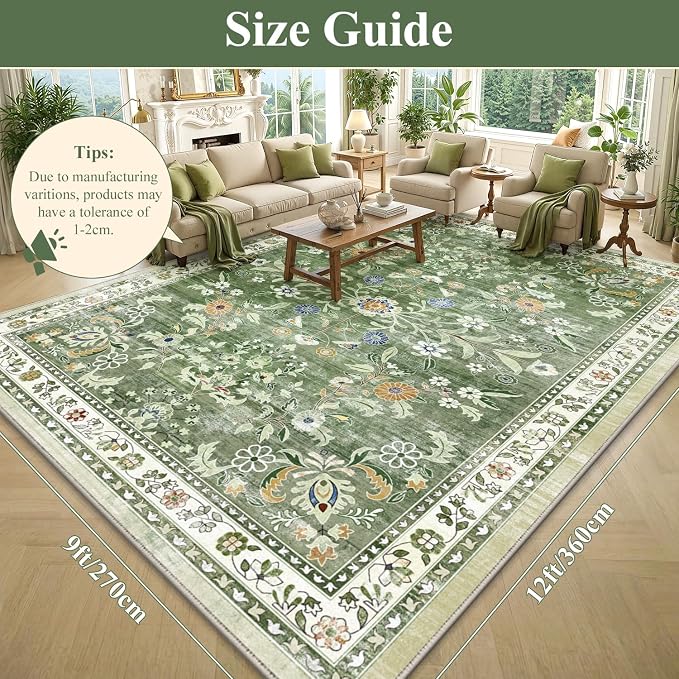 Yamaziot Washable Area Rug 9x12 – Large Non-Slip Boho Floral Living Room Rug - Image 2