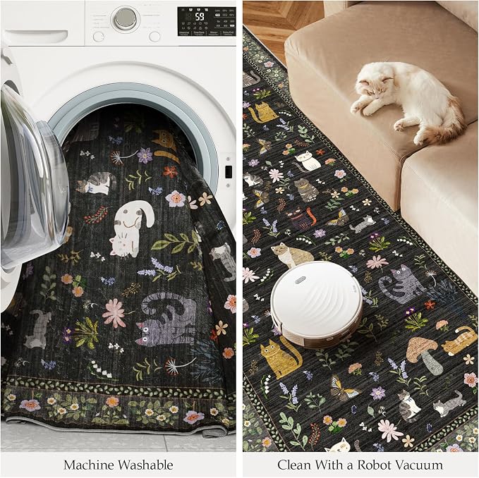 Washable 3x6 Kitchen Runner Rug: Non Slip Soft Low Pile Animal Cat Print Carpet - Image 7