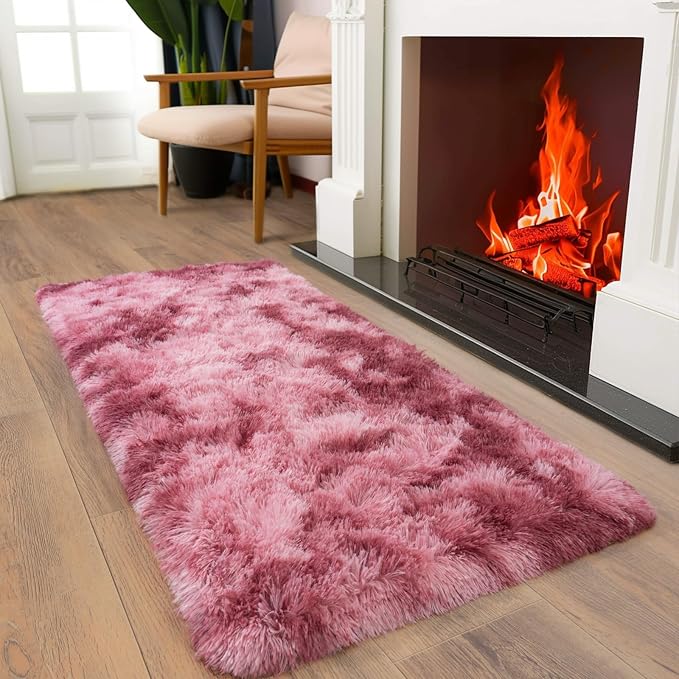 Soft Runner Rugs for Bedroom Hallways, 2x4 Tie-Dyed Blush Pink Fluffy Shag - Image 5