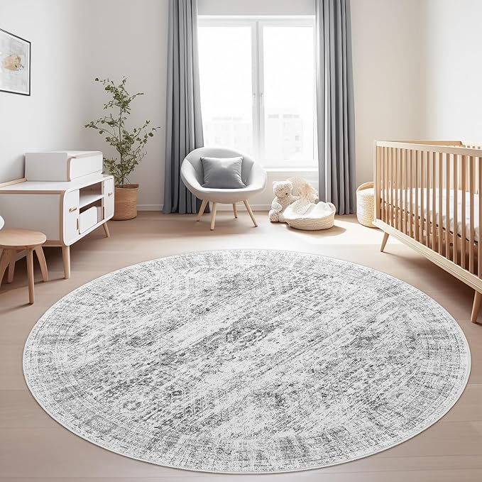 Soalmost 6x6 Grey Round Rug 6ft Living Room Circle Rug Gray Vintage Round Area - Image 2