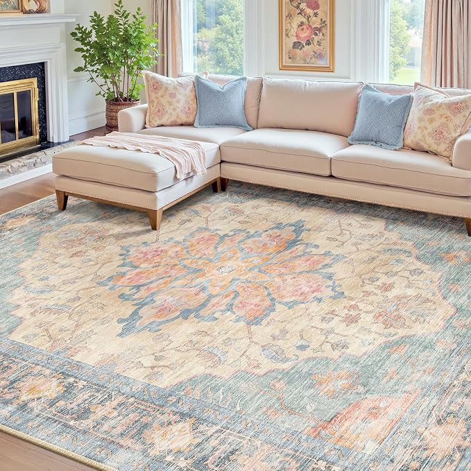 RELEANY Area Rugs 8'x10' Washable Non-Slip, Floral Vintage Distress Medallion by RELEANY