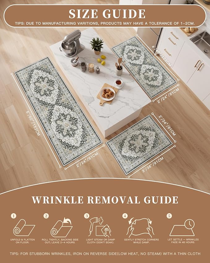 Madane Washable Kitchen Rug Set of 3, Small Area Rug Non-Slip Vintage Entryway - Image 5