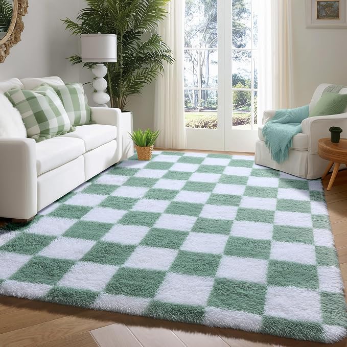 KICMOR 4x6 Rug for Bedroom Living Room, Fluffy Sage Green and White Checkered - Image 7