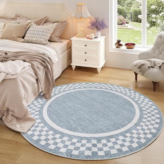 4ft Washable Round Rug for Entryway Modern Checkered Bedroom Circle Rug Non - Image 2