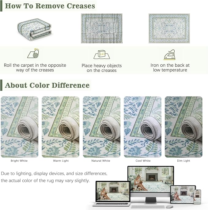 DCX Area Rug 5x5 Botanical Floral Washable Rugs in Green and Blue Soft Non Slip - Image 3