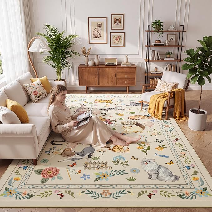 Unirea 6x9 Beige Cat Area Rug for Living Room, Large Soft Washable Kids Rug - Image 7