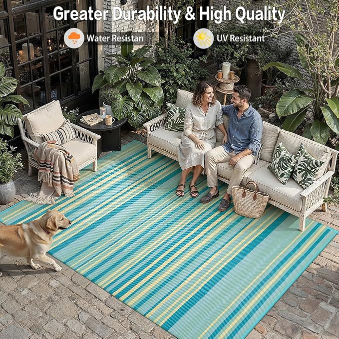 Outdoor Plastic Straw Rug Waterproof Patio 8x10 Teal Yellow Stripe Mat - Image 5