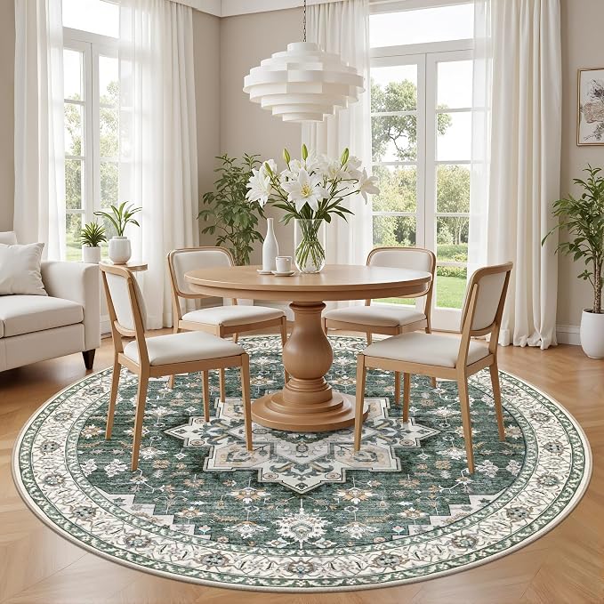 Round Area Rug for Living Room: 4 ft Washable Vintage Boho Soft Thin Circle Rug - Image 3
