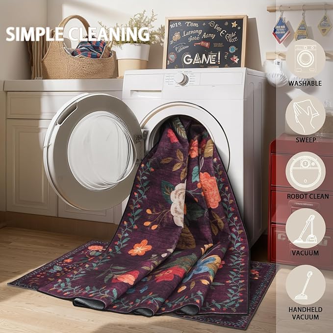 Floral Machine Washable Rug, 3x5 Rug Non Slip Soft Bedroom Rugs - Image 4