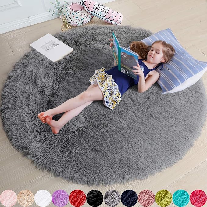 Grey Round Rugs 5Ft for Living Room Bedroom Aesthetic, Fluffy Fuzzy Shag Shaggy by Amdrebio