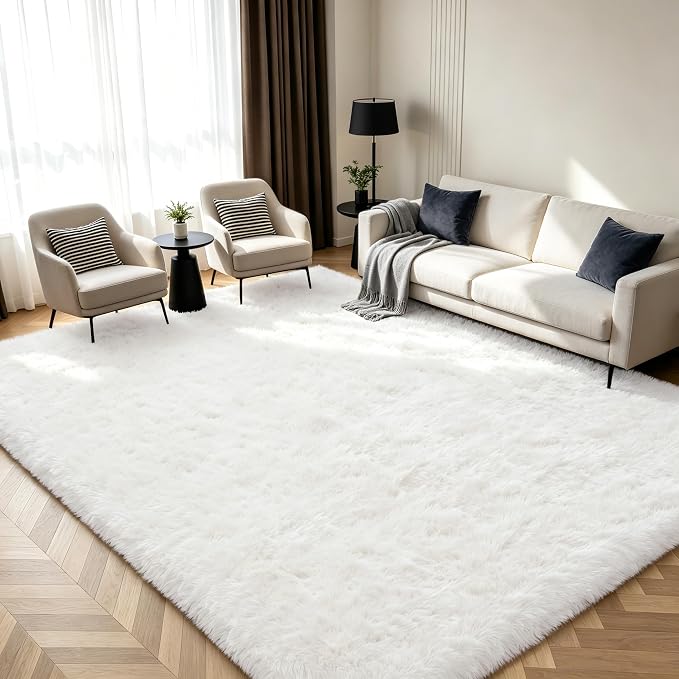 Shag Area Rugs for Bedroom Living Room, 5X8 Ultra Soft White Fluffy Area Rugs by Boshengya
