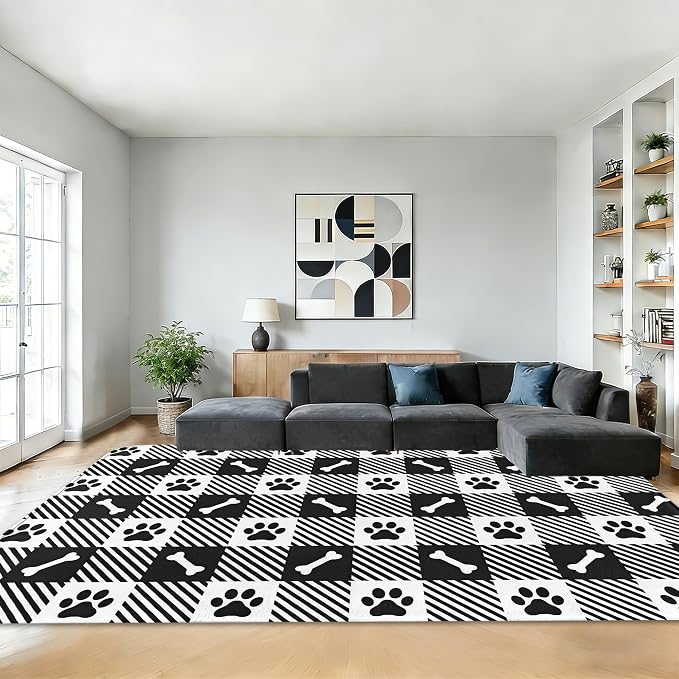 Area Rugs Paw Bone Plaid Modern Neutral Large Living Room Carpet Checkered Dog by SPUNKER