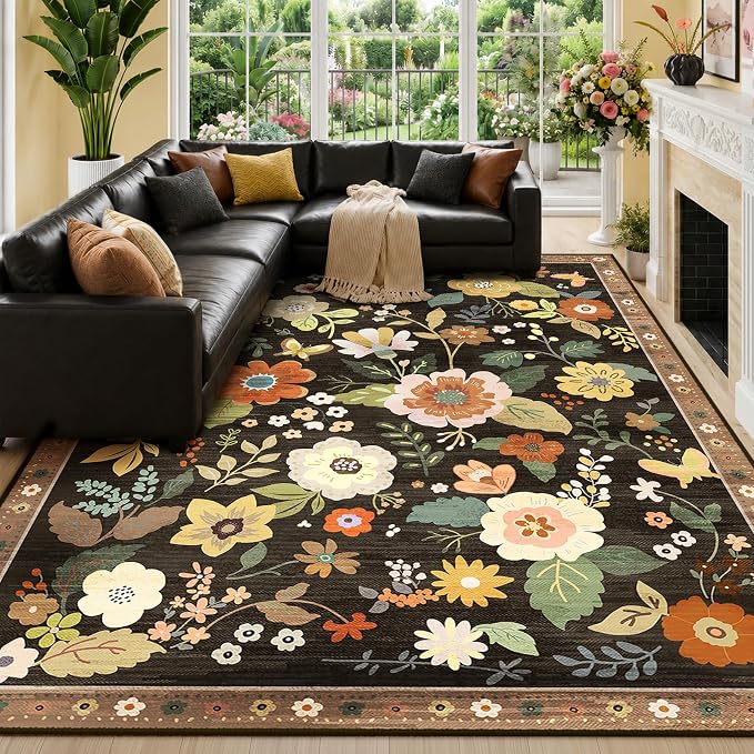RELEANY Floral 9x12 Area Rugs Washable Print Boho Cute Carpet Non Slip Flower by RELEANY