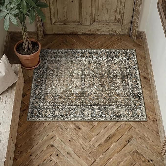 PureCozy 2x3 Washable Entryway Rug Brown Vintage Non Slip Door Mat Soft Low - Image 2