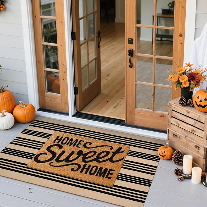 Striped Outdoor Front Door Mat 24"x51", Cotton Hand Woven Washable Black and - Image 9