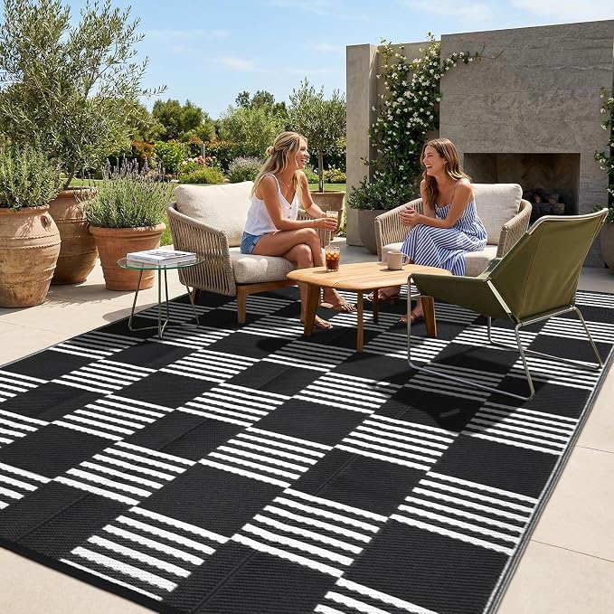 Garvee Waterproof Outdoor Rug 9x12, Checkered Foldable Plastic Straw Patio by Garvee