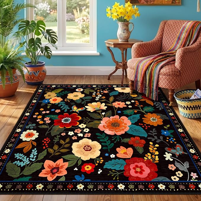RELEANY Floral Square 5ft Area Rugs Washable Print Boho Cute Carpet Non Slip - Image 2