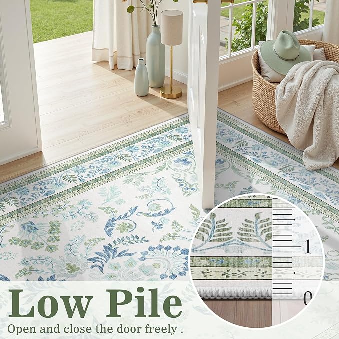 DCX Area Rug 4x4 Botanical Floral Washable Rugs in Green and Blue Soft Non Slip - Image 8