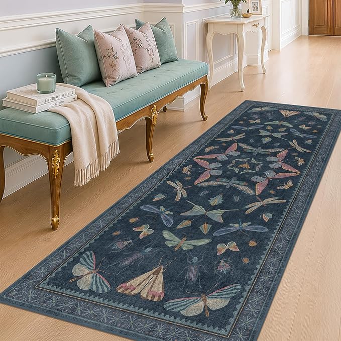 Vintage Dark Blue Insect Moth Runner Rug 3x8, Non Slip Washable Carpet by HazoHaus