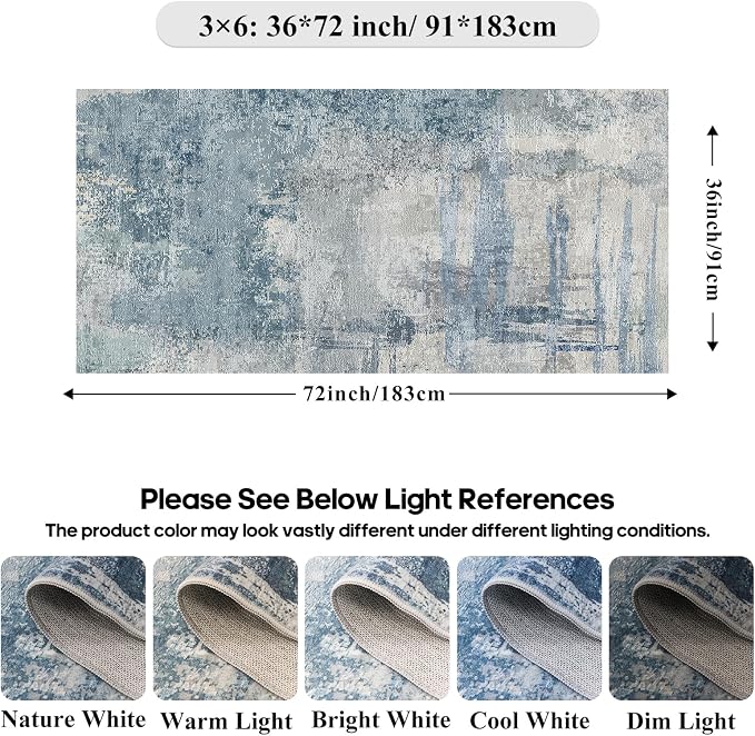 Blue Abstract 3x6 Washable Non-Slip Hallway Runner Rug | Modern Soft Low Pile - Image 2