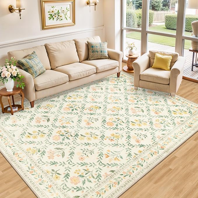 10x12 Area Rugs for Living Room: Floral Washable Rug Vintage Large Soft Boho - Image 2