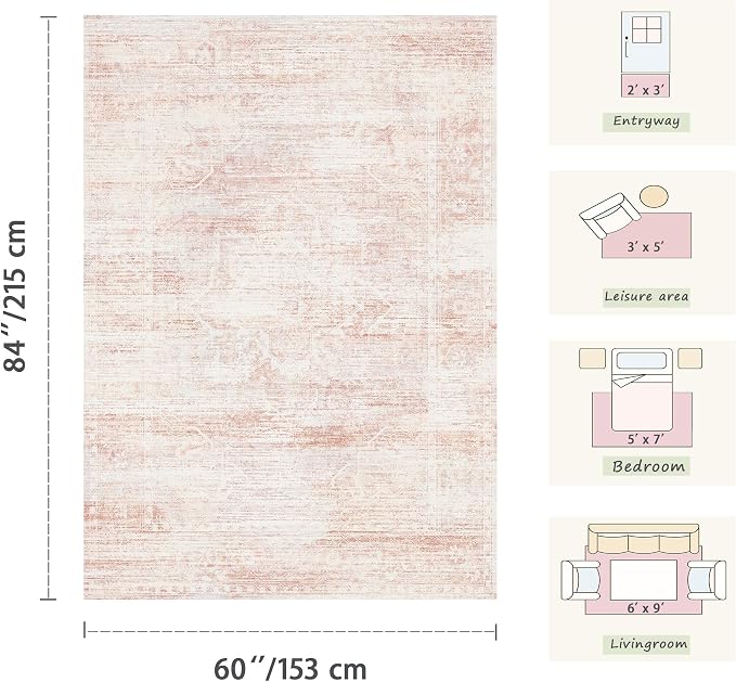 Latte&Fog Entryway Pink Rug, Vintage Floral 2x3 Washable Area Rugs - Image 2