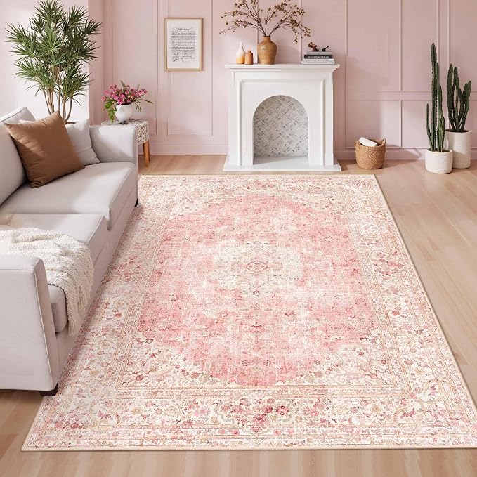 Latte&Fog Washable Pink Rug, Vintage 5x7 Area Rugs by LatteFog