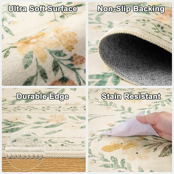 Round Area Rug for Living Room: 4 ft Floral Washable Circle Rug Soft Non-Slip - Image 6