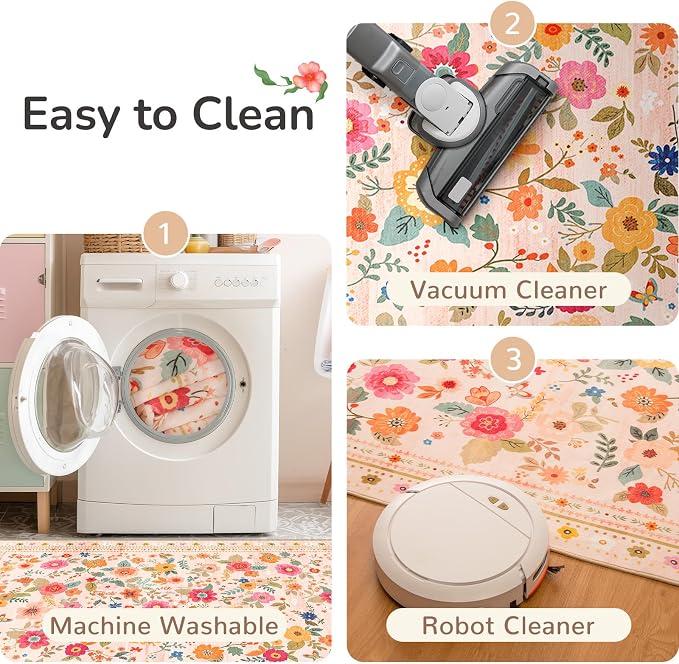 2x6 Area Rugs for Living Room Vacuum-Friendly Machine Washable Area Rug Flower - Image 3