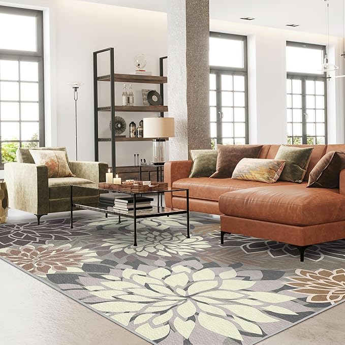 8x10 Outdoor Area Rug Washable Multicolored Patio Rug Tropical Botanical Floral - Image 2